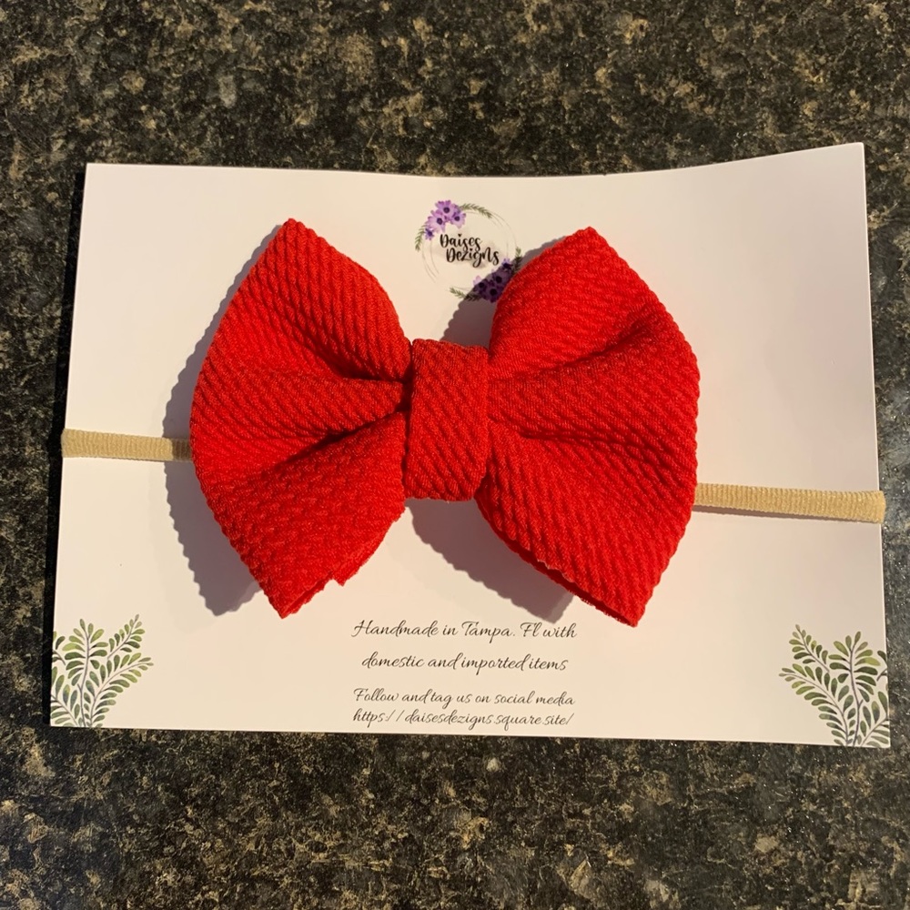 Handmade Bow Fun Kicky Bright Red Fabric w/ long clip 4”x4” handmade in Tampa
